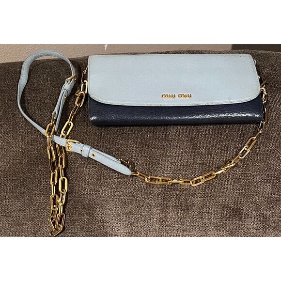 Miu Miu Handbags - Authentic Miu Miu Wallet on a Chain, Blue with Gold Hardware